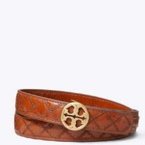 Tory Burch Willa Glazed Quilted Orange Leather Belt with Gold Buckle